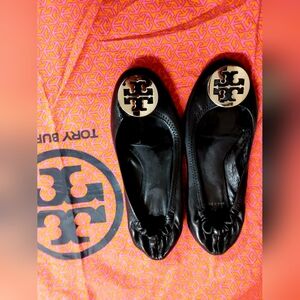 Tory Burch Designer Black Reva Leather Flats 6.5